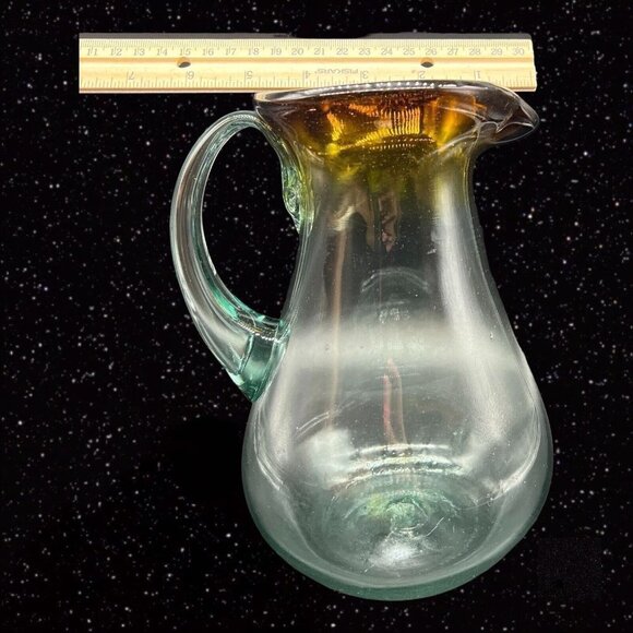 Handblown Art Glass Pitcher Clear w Brown Ombre Applied Handle 9”T 5”W - Picture 9 of 12